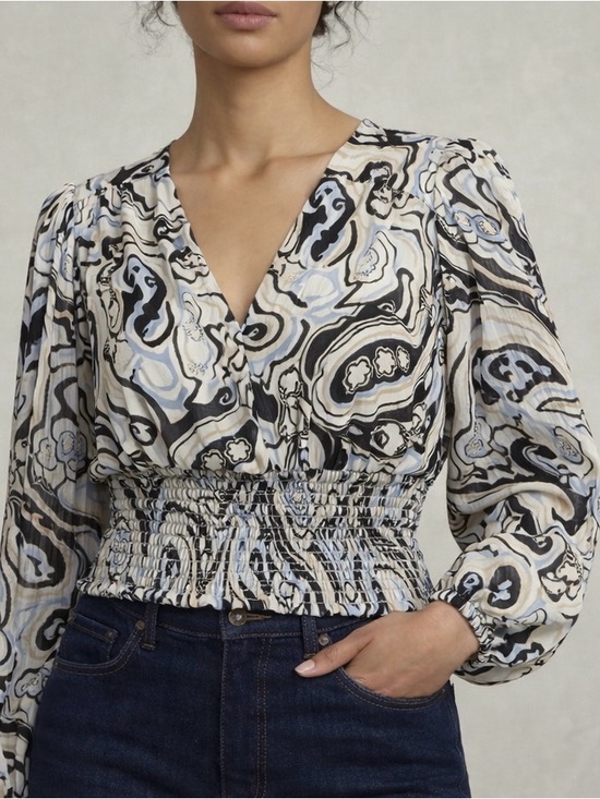 Melanie Lyne Tops - MELANIE LYNE  Sheer Paisley Smocked Blouse – Petite Small
